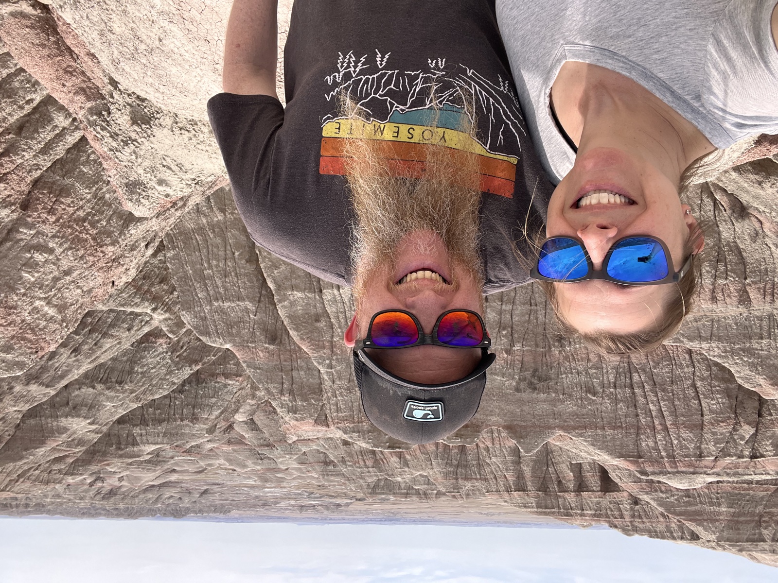 Close-up of striated, eroded Badlands rock formations showing horizontal sediment layers